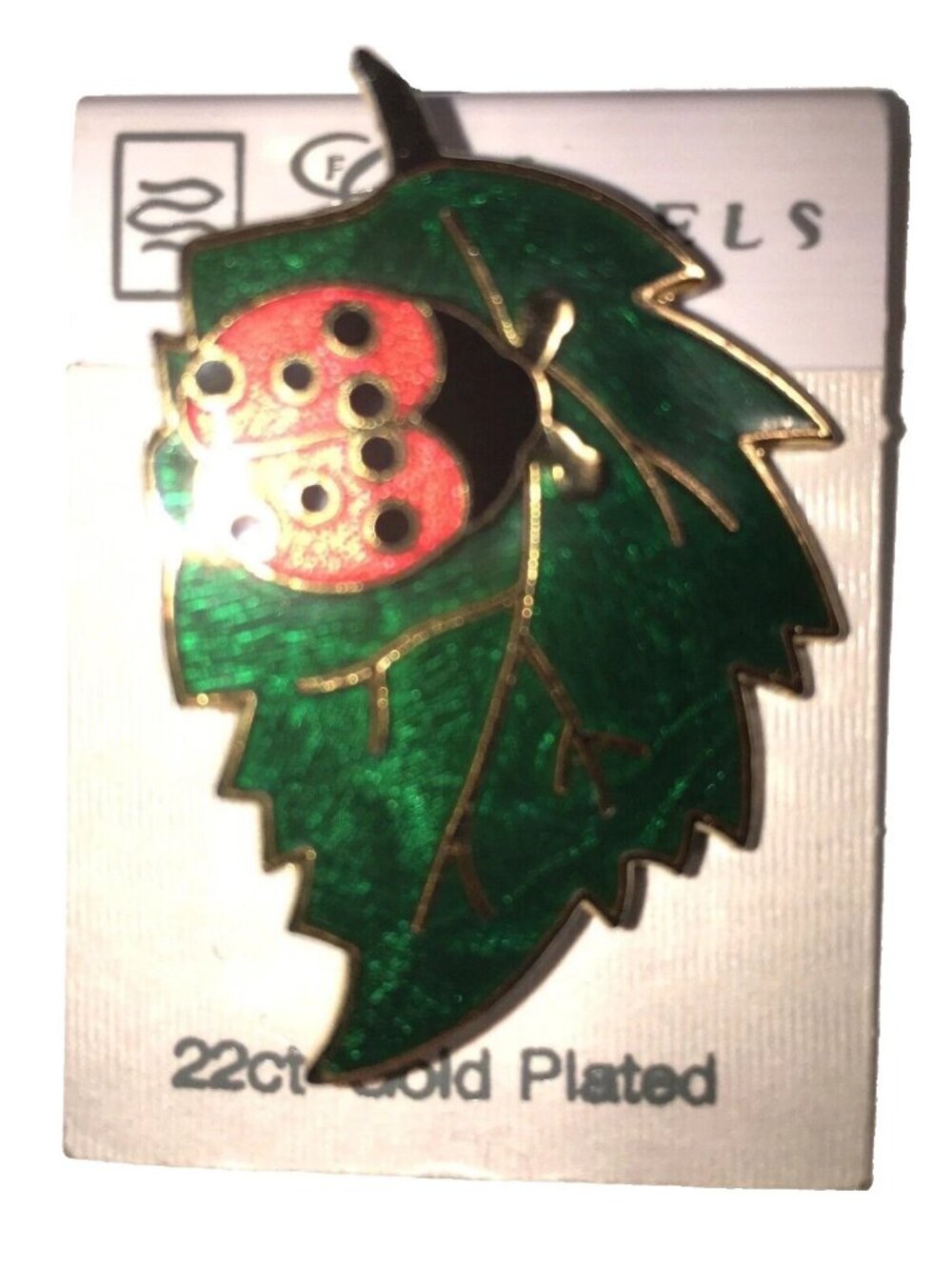 Fine Enamels Red Ladybug On Green Leaf 22k Gold Plated Brooch Pin